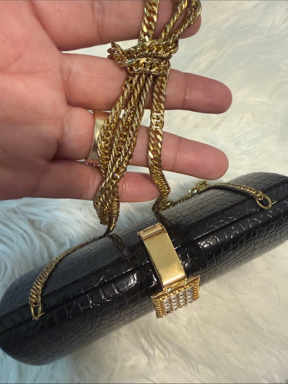 Isabella adams New York Black Croc-Embossed Evening Clutch with Gold Chain